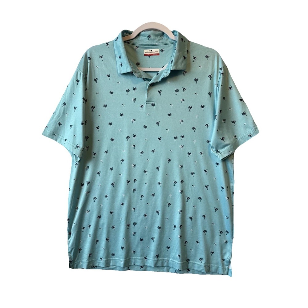 Grand Slam Performance Polo Tropical Palm Tree Flamingo Print Mens L Golf Resort